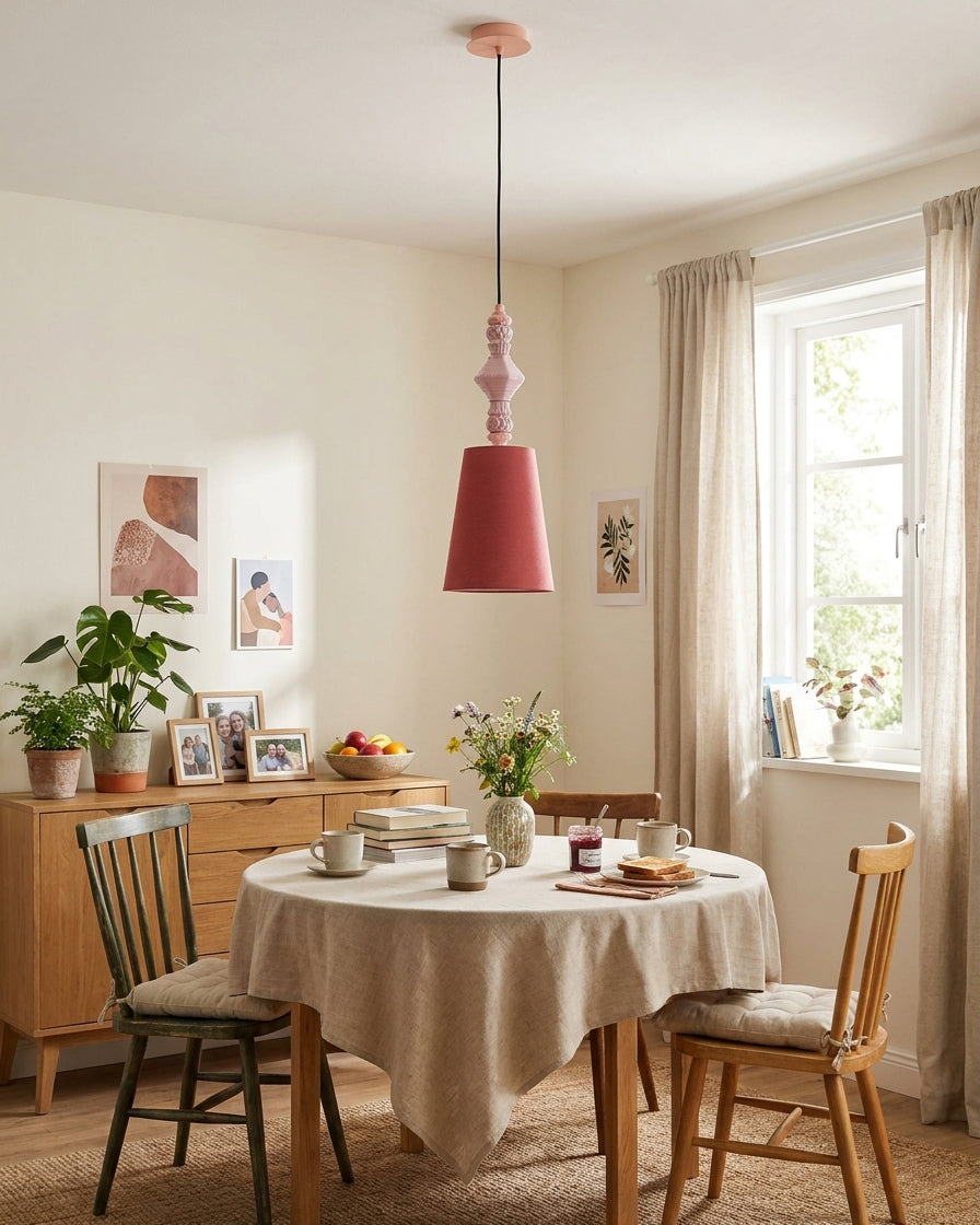 Cielora Curated Hand-Thrown Ceramic Pendant Ligh warm illuminated room view