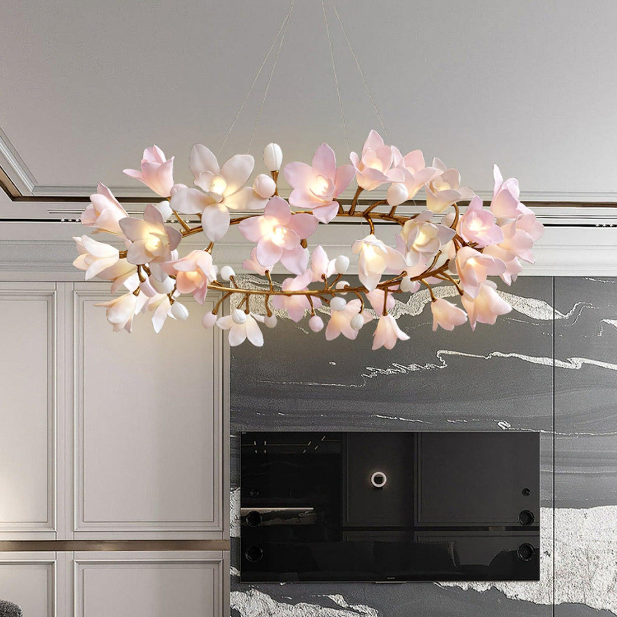 Circular Blossom Curated Solid Brass Chandelier – handcrafted surface texture