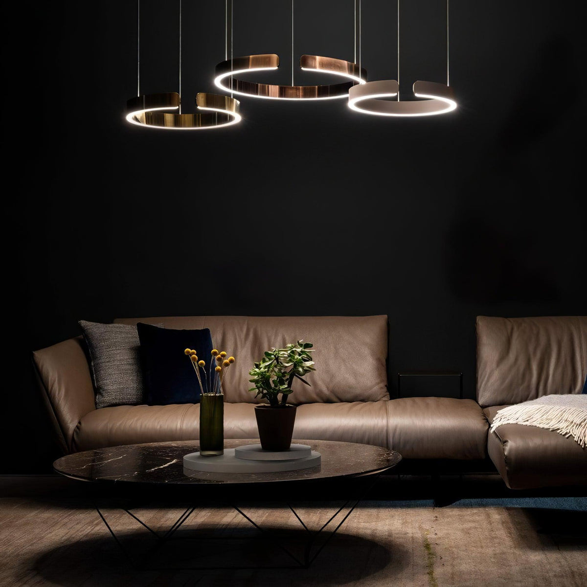 Circular Curated Iron & Glass Chandelier – architectural ceiling profile