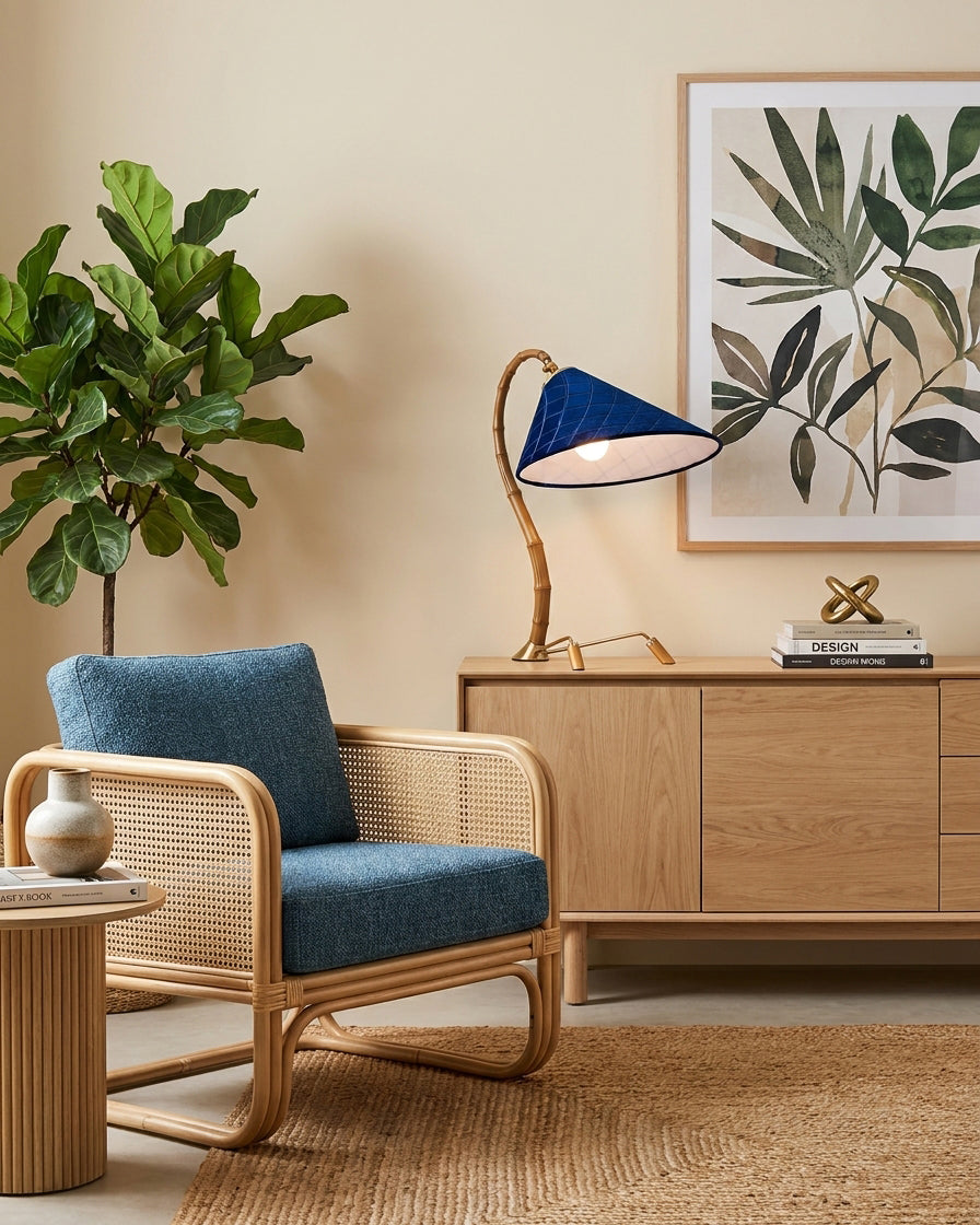 Cobalune Curated Woven Rattan Table Lamp – illuminated warm ambiance setting