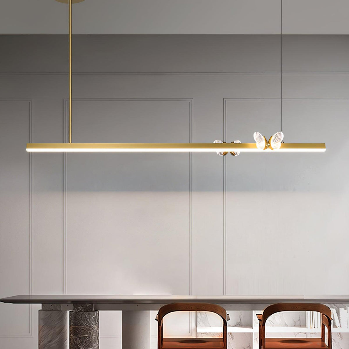 Cohen Butterfly Curated Optical Acrylic Chandeli installed in residential dining space