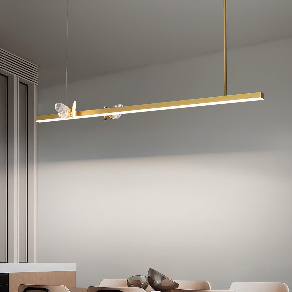 Cohen Butterfly Curated Optical Acrylic Chandeli warm illuminated room view