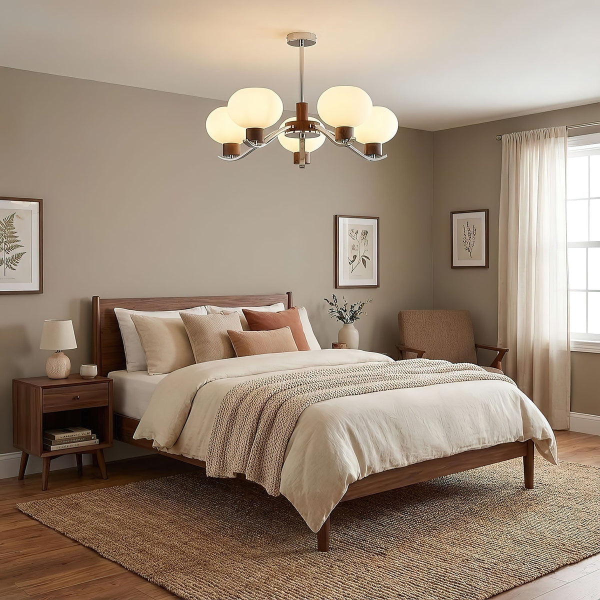Colome Curated Mouth-Blown Frosted Glass Chandel warm illuminated room view
