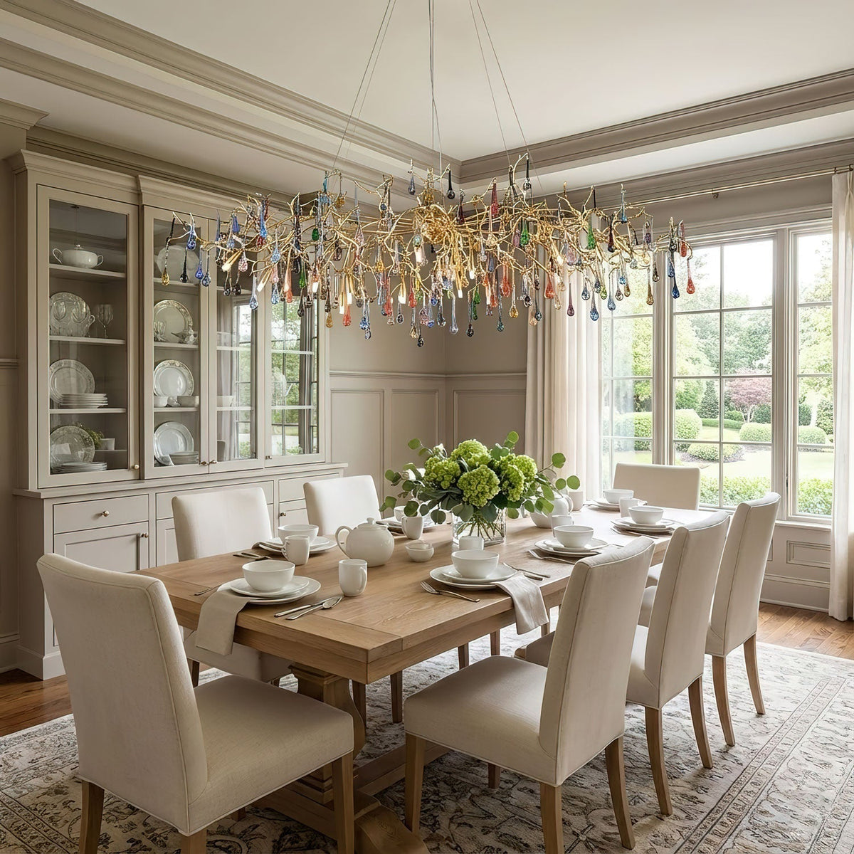 Colorful Raindrop Brass Branch Curated Amber Art installed in residential dining space