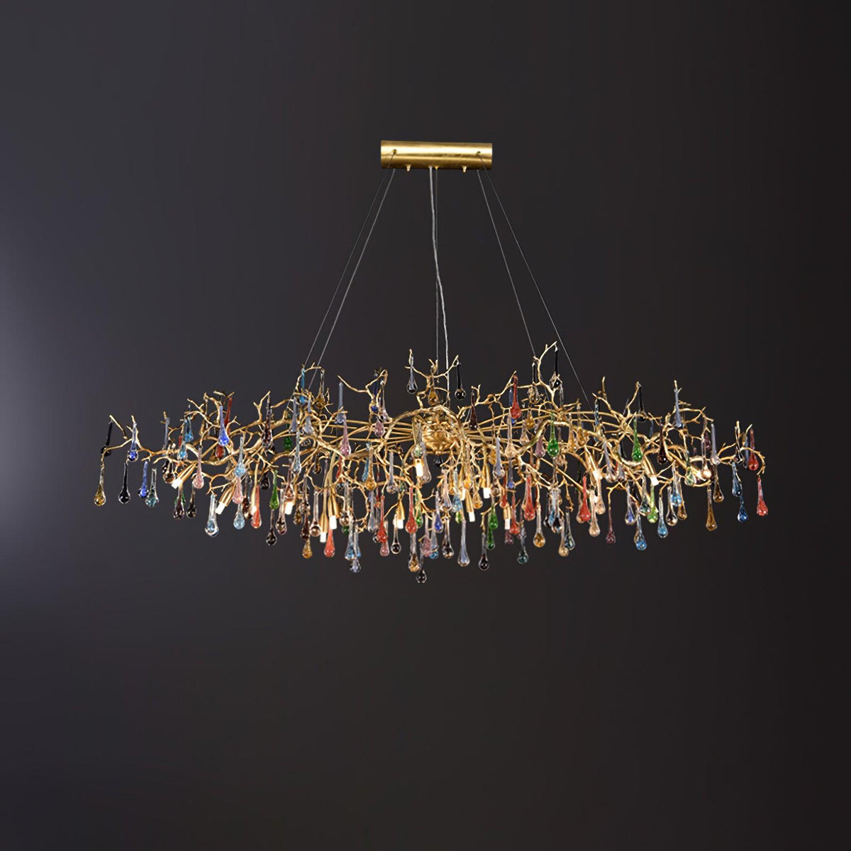 Colorful Raindrop Brass Branch Curated Amber Art – illuminated warm ambiance setting #1