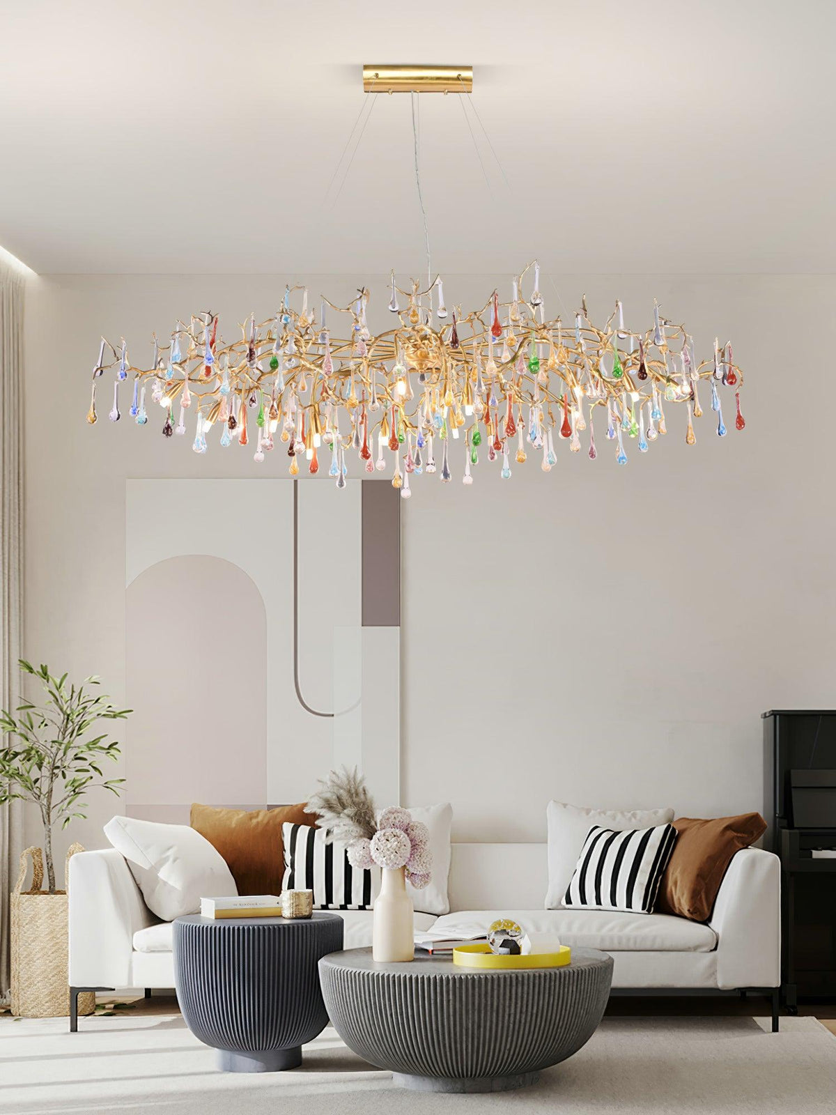Colorful Raindrop Brass Branch Curated Amber Art – full fixture elevation view