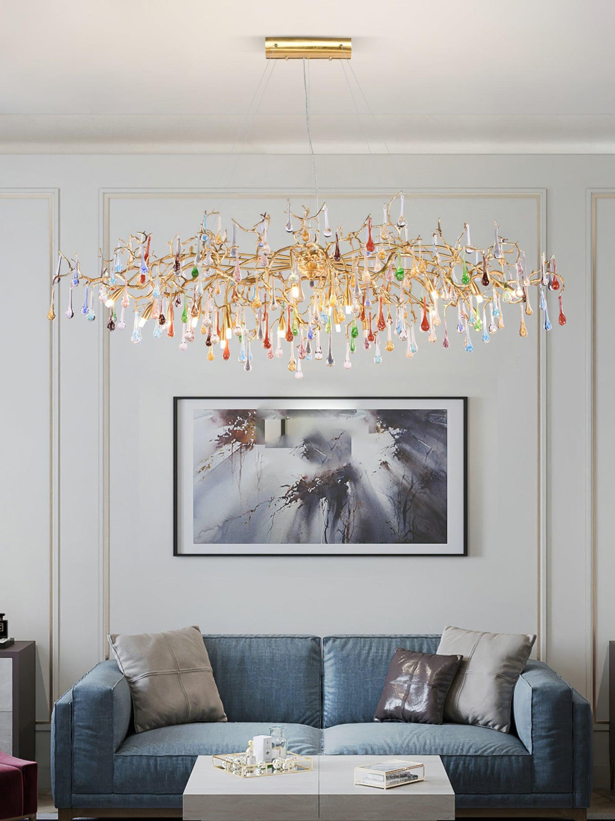 Colorful Raindrop Brass Branch Curated Amber Art – spatial dining room perspective