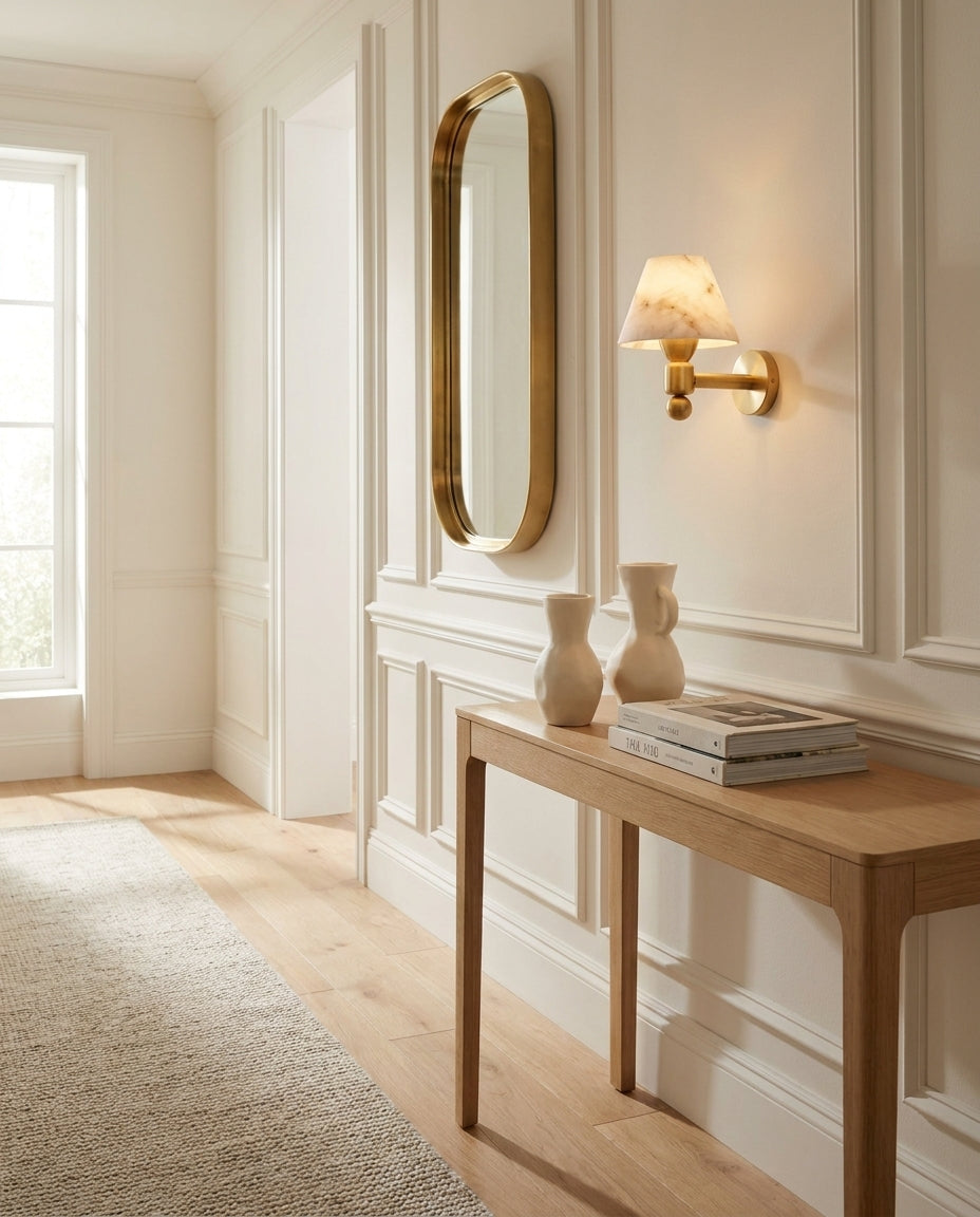 Contrast Alabaster Curated Alabaster Wall Sconce installed in residential dining space