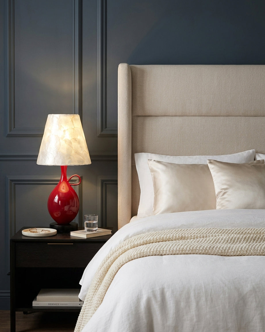 Coravie Curated Hand-Thrown Ceramic Table Lamp warm illuminated room view