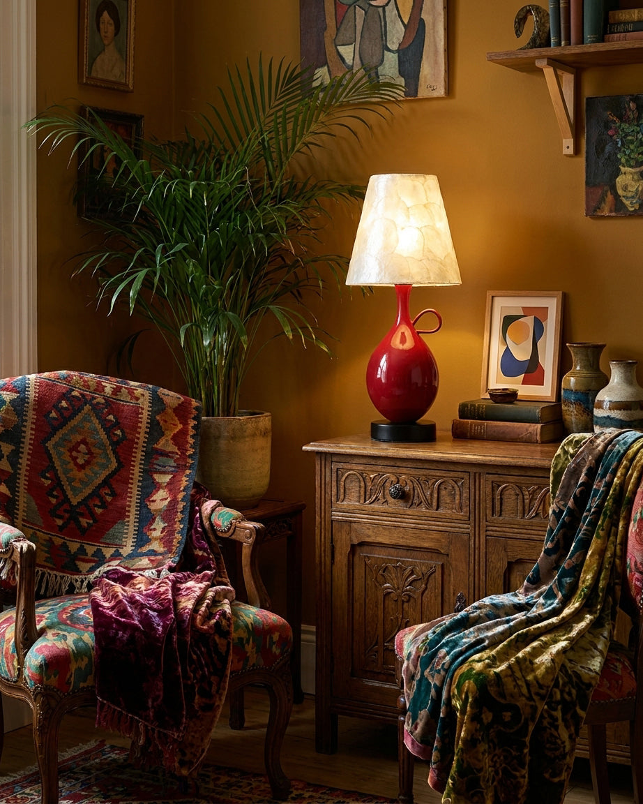 Coravie Curated Hand-Thrown Ceramic Table Lamp installed in residential dining space