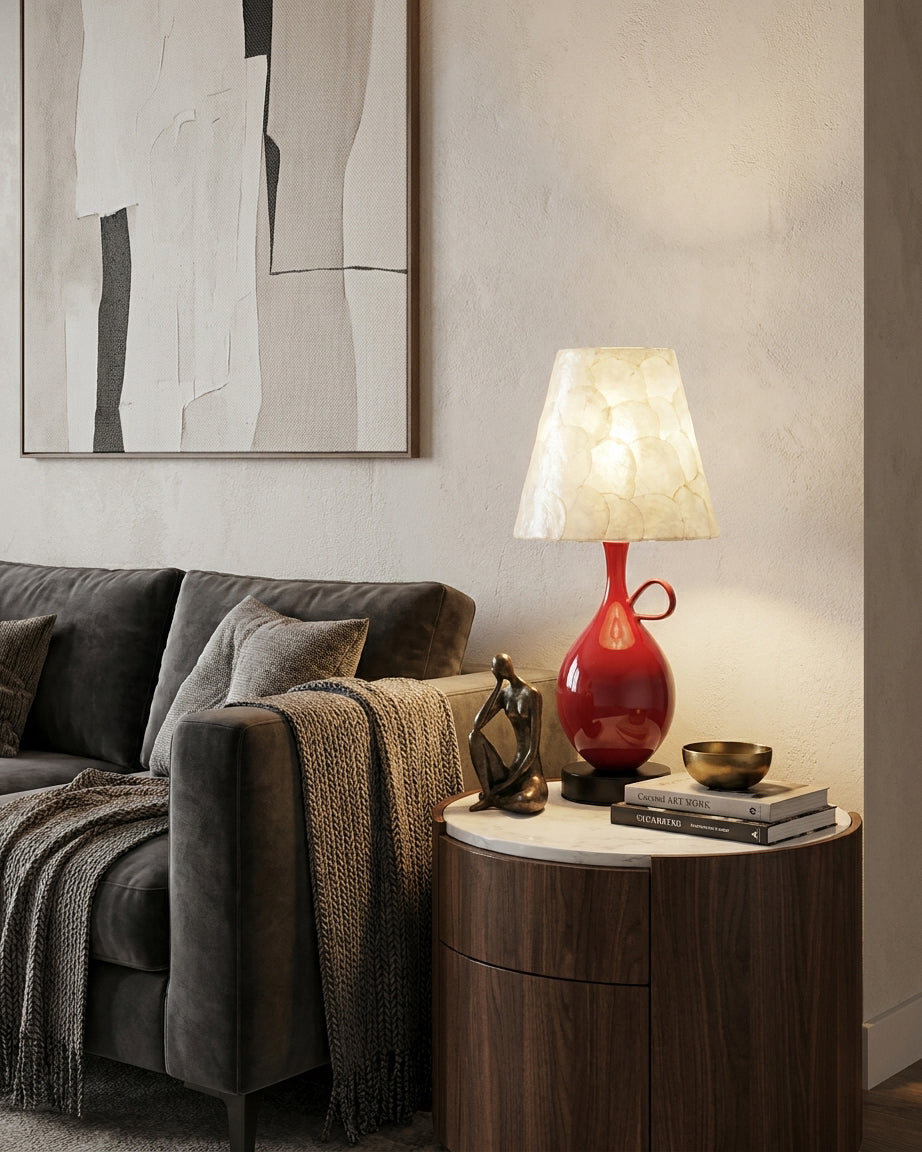 Coravie Curated Hand-Thrown Ceramic Table Lamp – illuminated warm ambiance setting