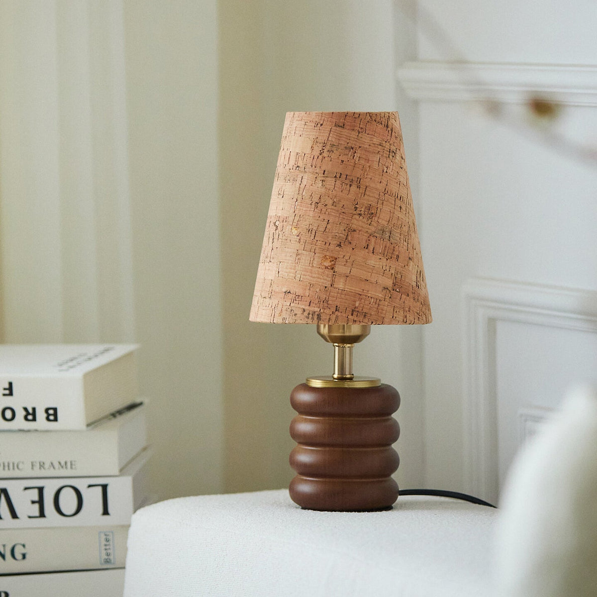 Corkelle Curated Solid Brass Table Lamp warm illuminated room view