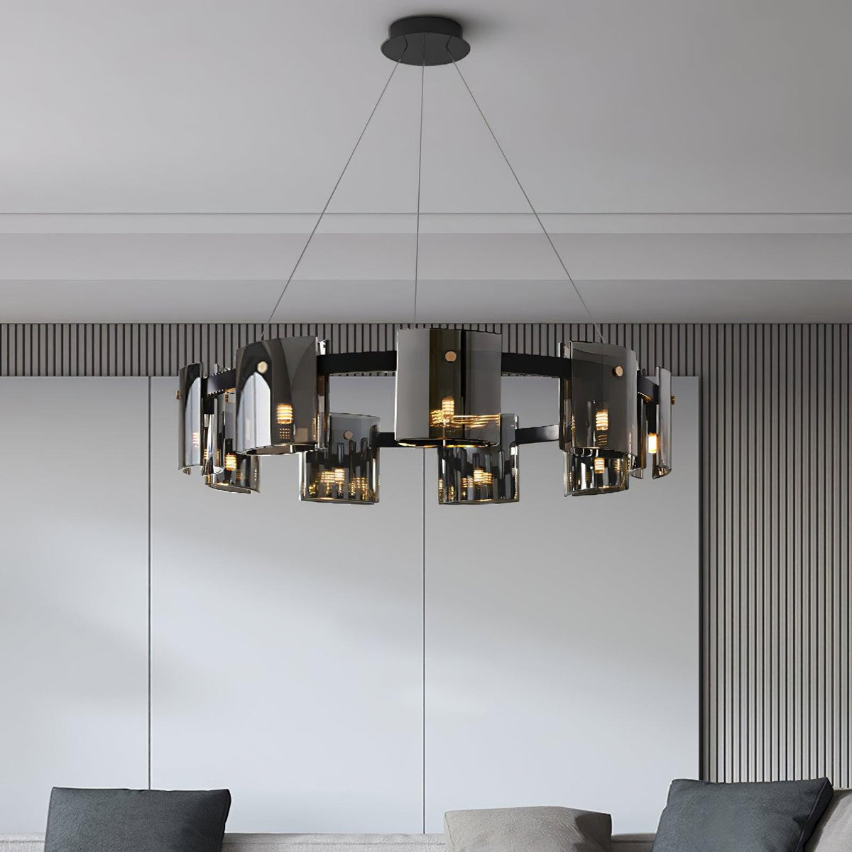 Corlota Curated Mouth-Blown Frosted Glass Chande installed in residential dining space