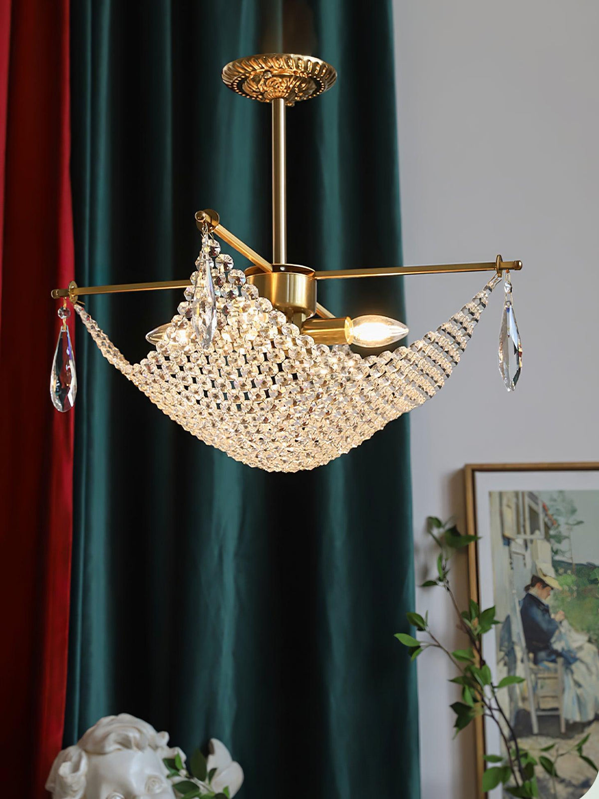 Corona Curated K9 Bohemian Crystal Chandelier – unlit natural material contrast
