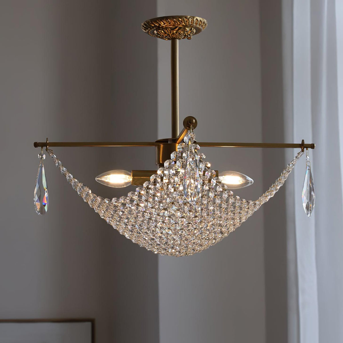 Corona Curated K9 Bohemian Crystal Chandelier warm illuminated room view