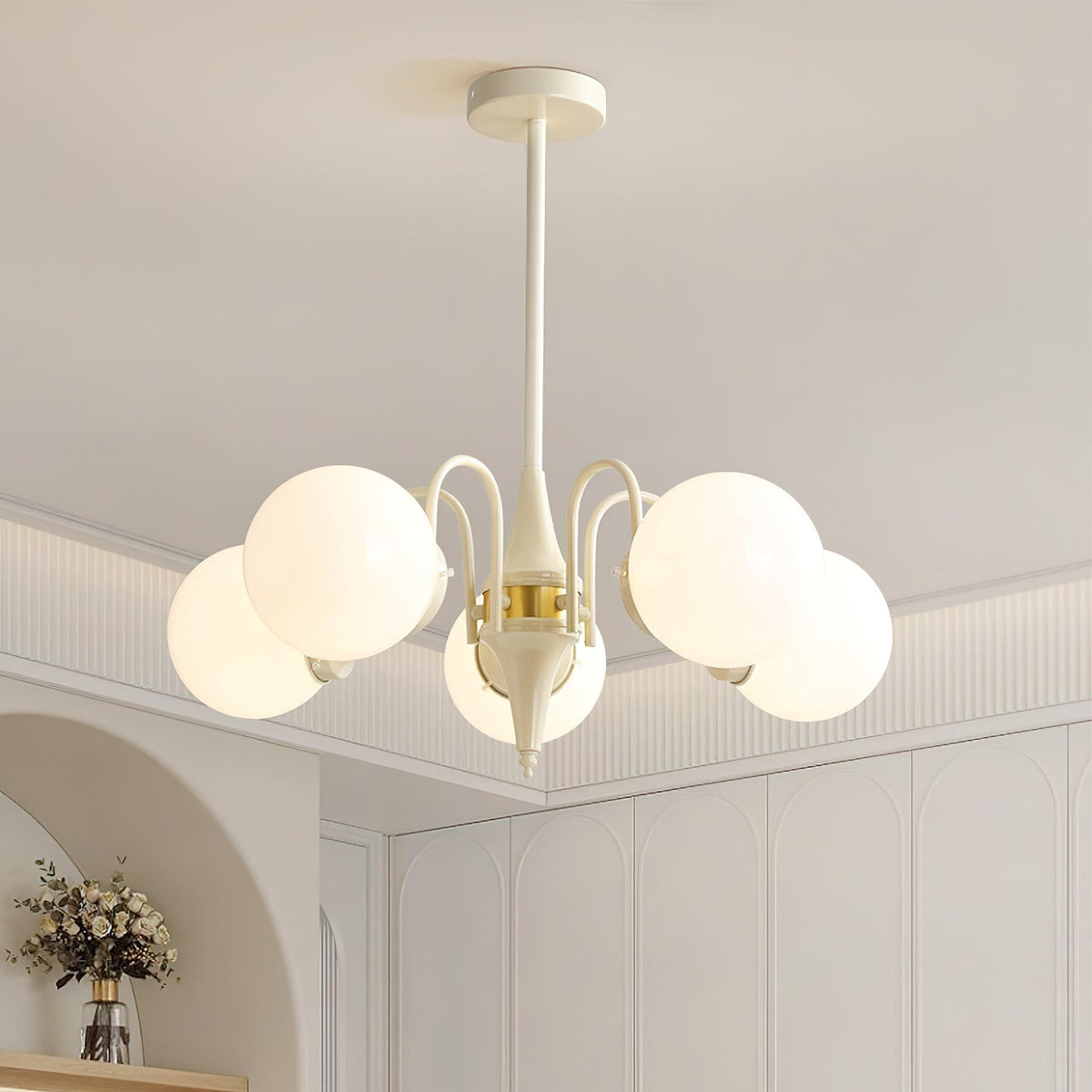 Cream Ball Curated Mouth-Blown Frosted Glass Cha installed in residential dining space