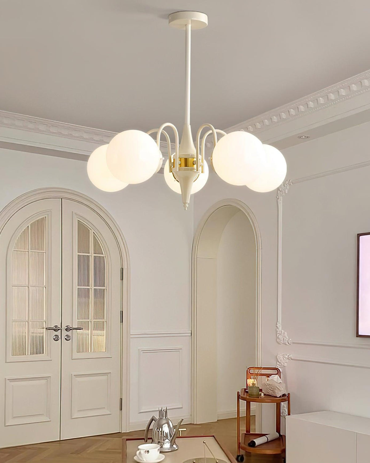 Cream Ball Curated Mouth-Blown Frosted Glass Cha – illuminated warm ambiance setting