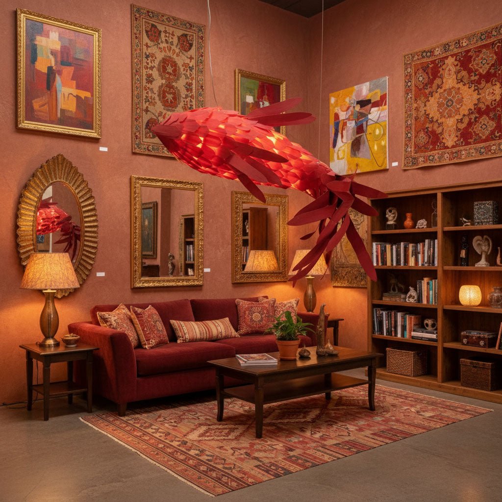 Crimson Swirl Koi Curated Iron & Glass Chandelie warm illuminated room view