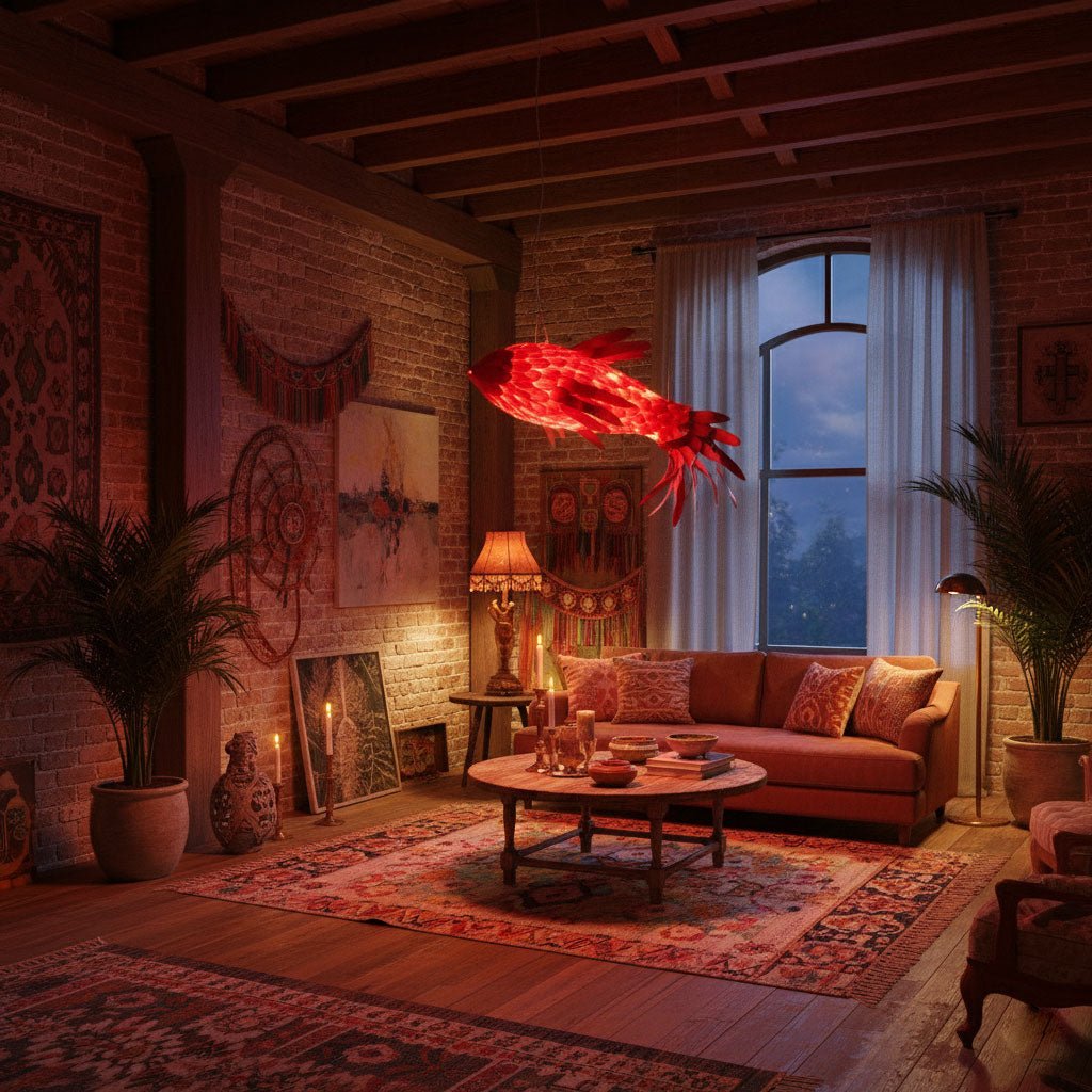 Crimson Swirl Koi Curated Iron & Glass Chandelie – illuminated warm ambiance setting
