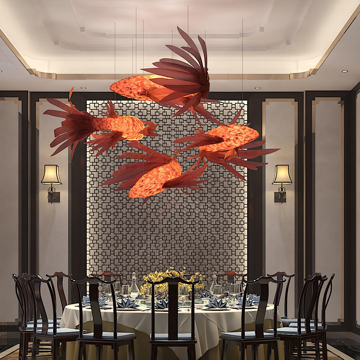 Crimson Swirl Koi Curated Iron & Glass Chandelie – unlit natural material contrast