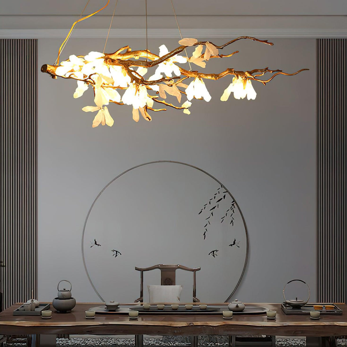 Crushed Natural Stone Curated Solid Brass Chande installed in residential dining space