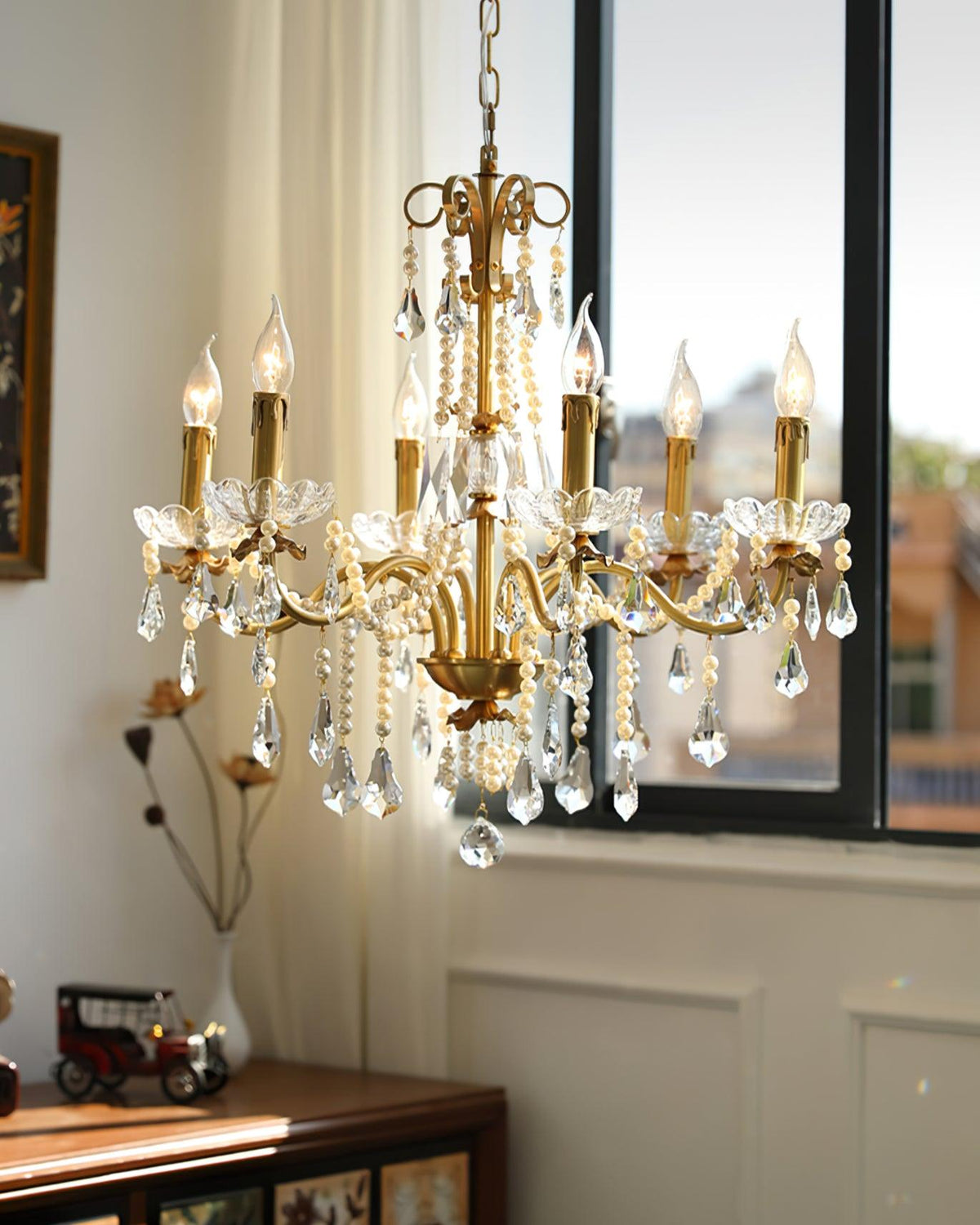 Crystal Pearl Curated Solid Brass Chandelier – spatial dining room perspective