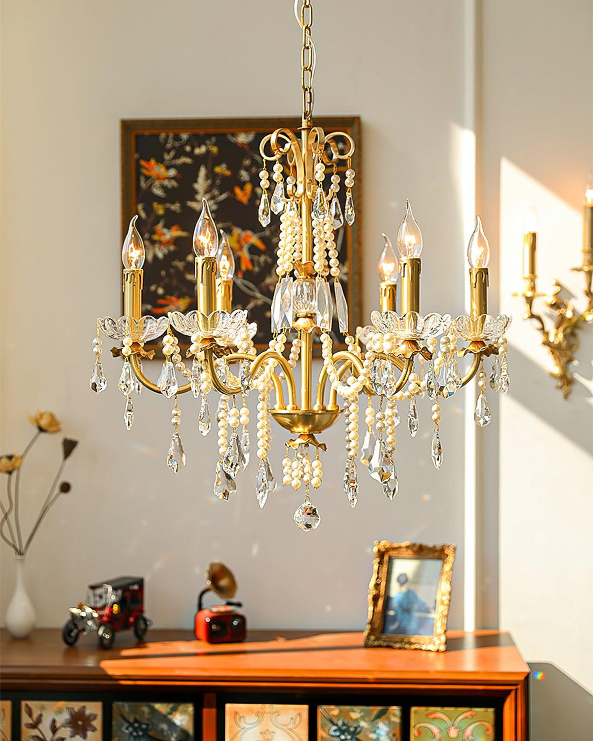 Crystal Pearl Curated Solid Brass Chandelier – side angled contour profile