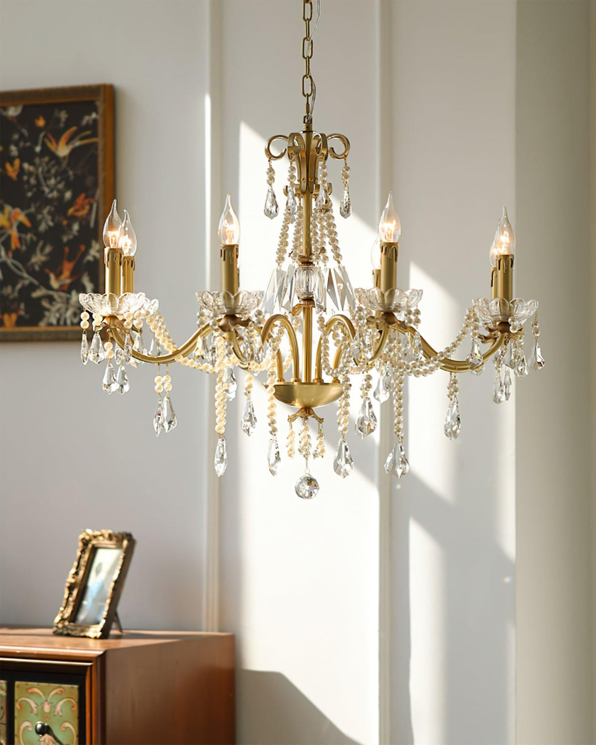 Crystal Pearl Curated Solid Brass Chandelier – macro detail view #1