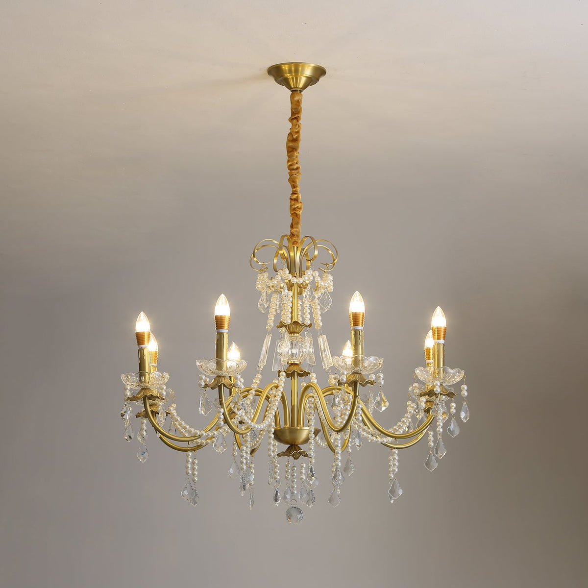 Solid Brass craftsmanship detail on Crystal Pearl Curated Solid Brass Chandelier