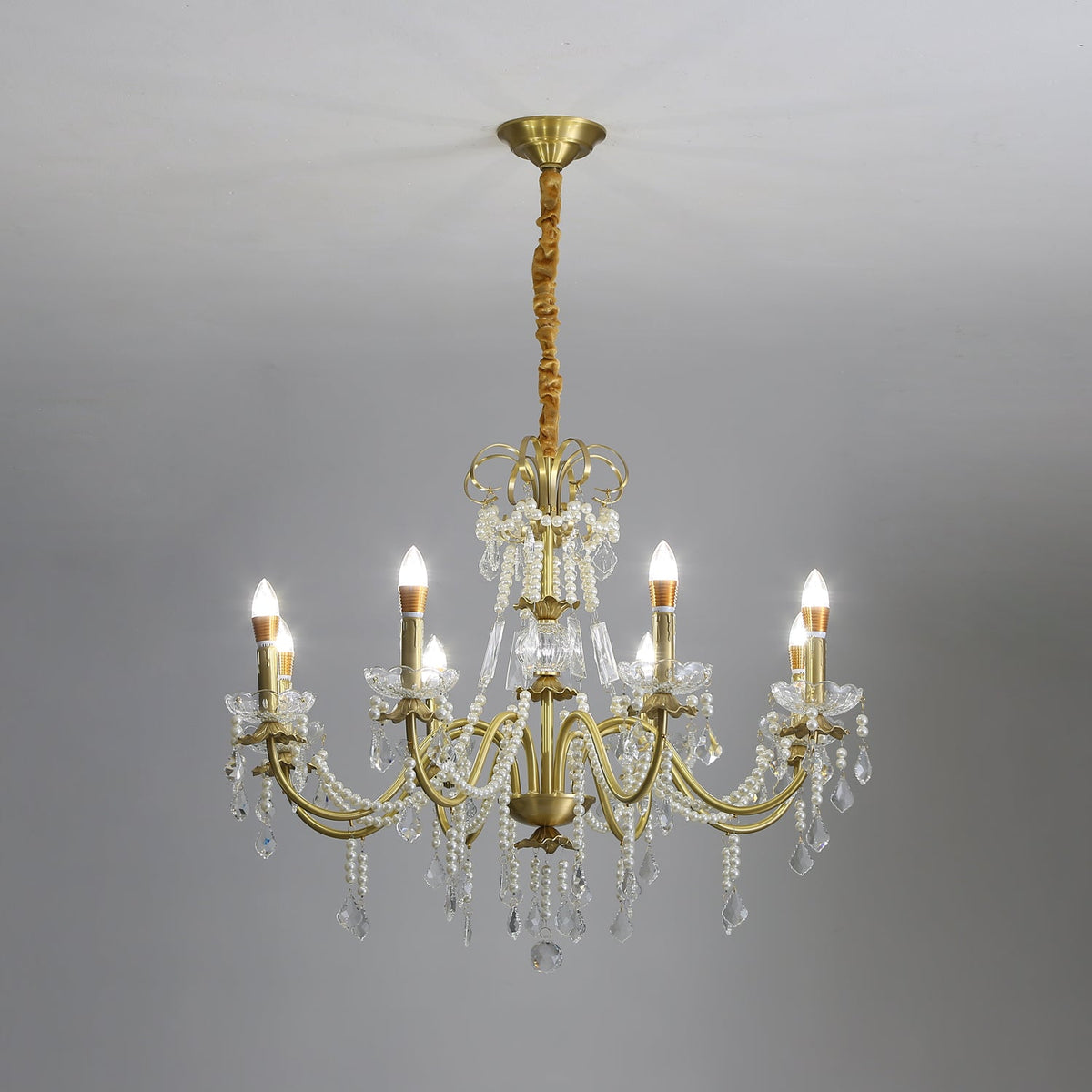 Crystal Pearl Curated Solid Brass Chandelier – macro detail view