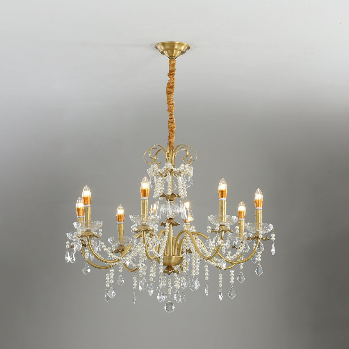 Crystal Pearl Curated Solid Brass Chandelier – illuminated warm ambiance setting