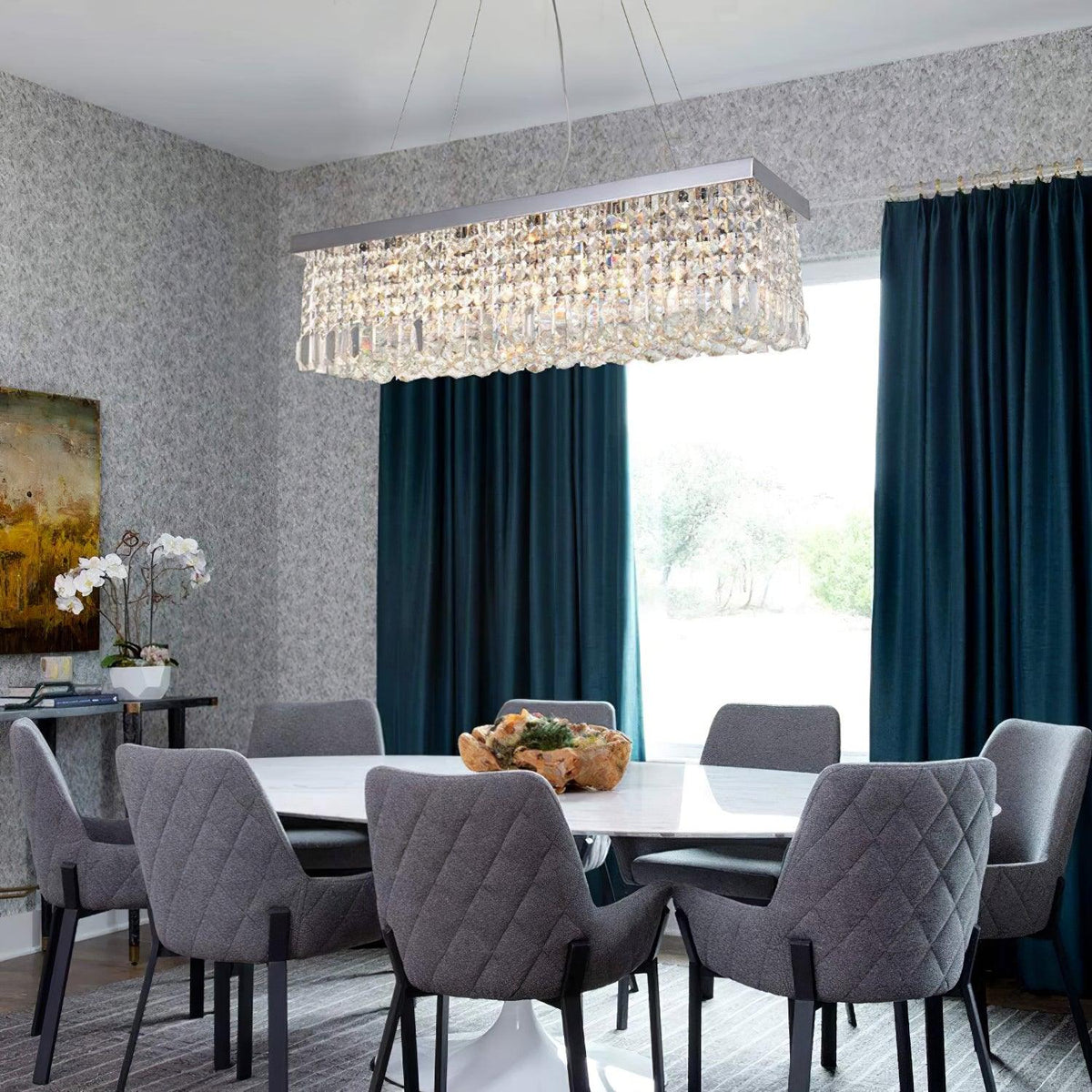 Crystal Raindrop Curated K9 Bohemian Crystal Cha installed in residential dining space