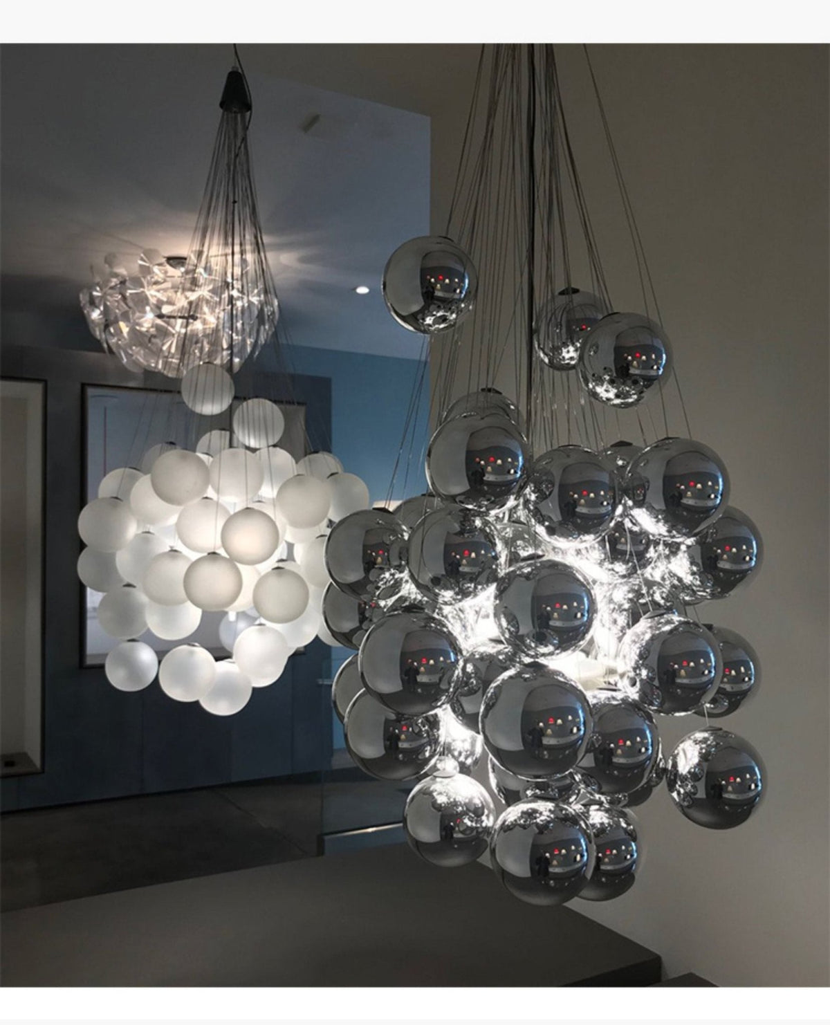 Cumulus Cascade Curated Mouth-Blown Frosted Glas – spatial dining room perspective