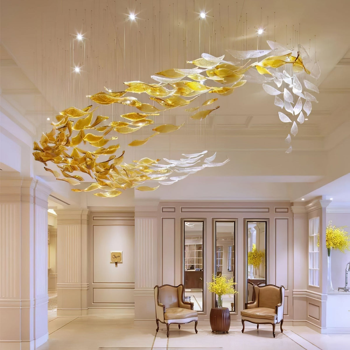 Swaying Leaves Curated Mouth-Blown Frosted Glass installed in residential dining space