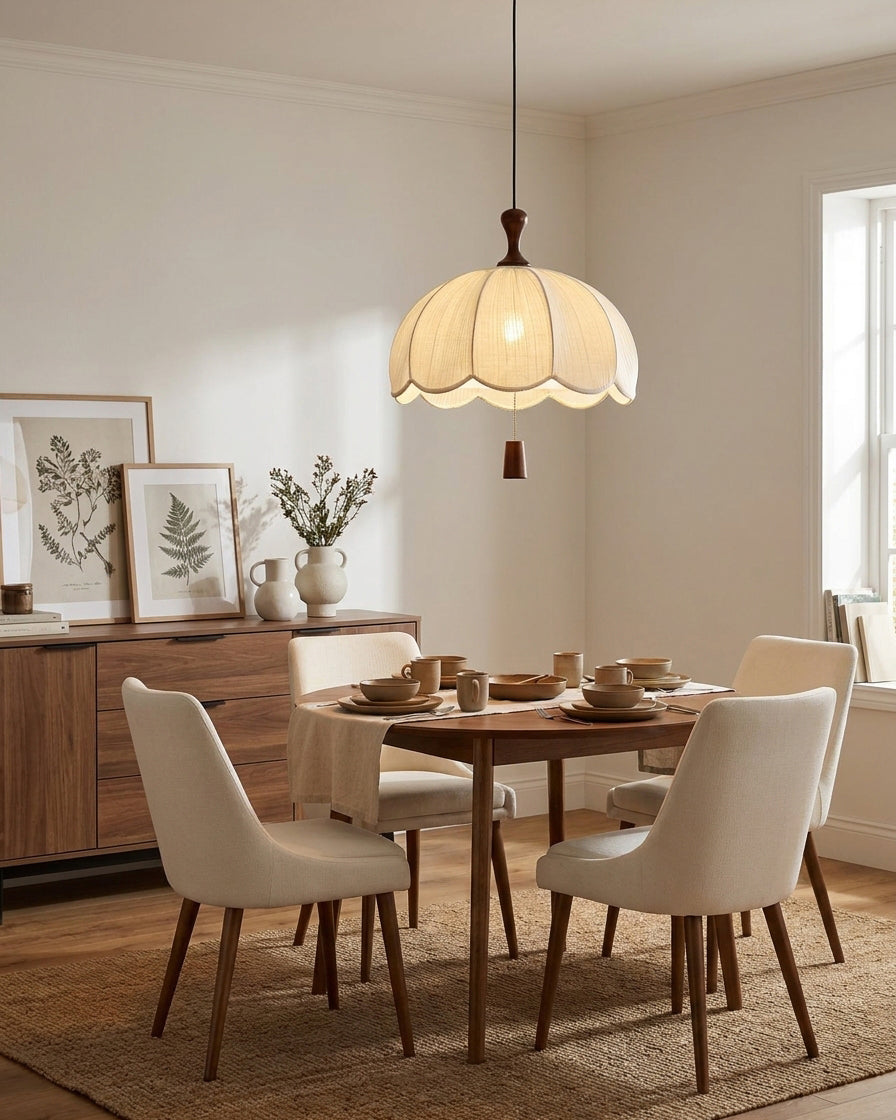 Delune Curated Solid Hardwood Pendant Light – illuminated warm ambiance setting