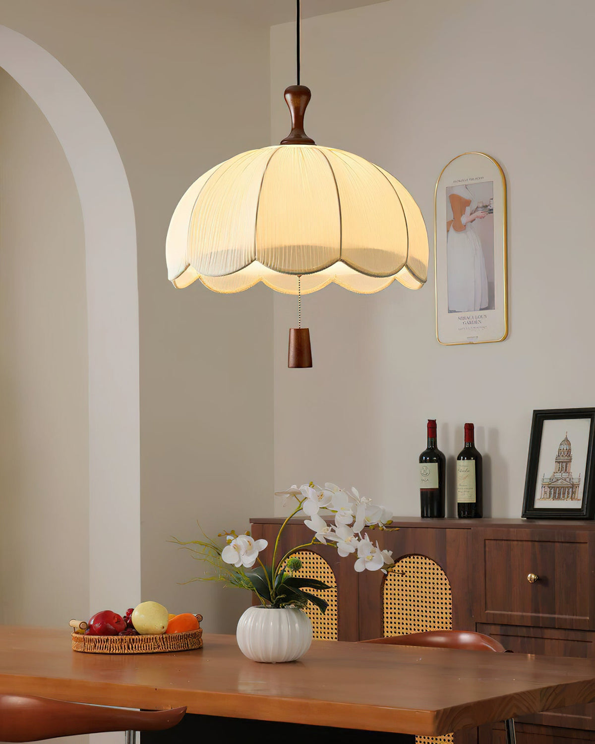 Delune Curated Solid Hardwood Pendant Light warm illuminated room view