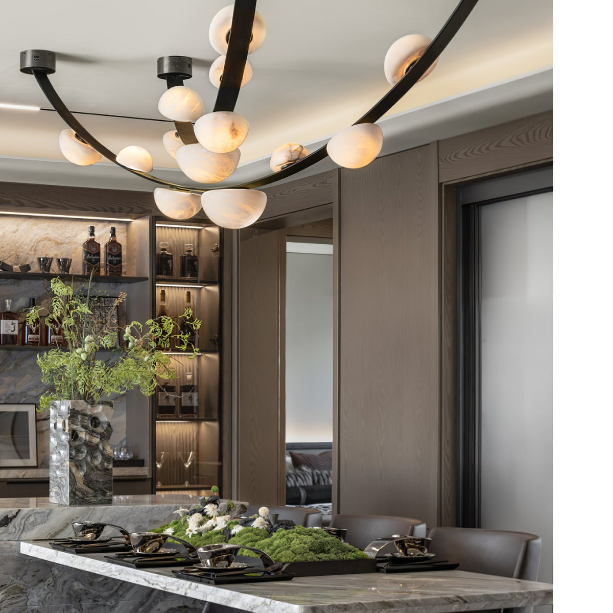 Dew Drops Alabaster Curated Alabaster Chandelier – handcrafted surface texture