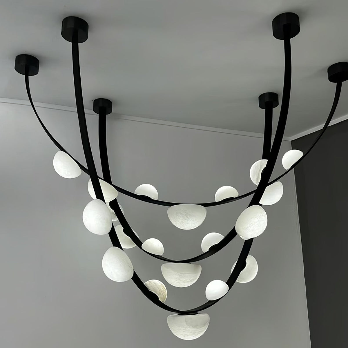 Dew Drops Alabaster Curated Alabaster Chandelier – side angled contour profile