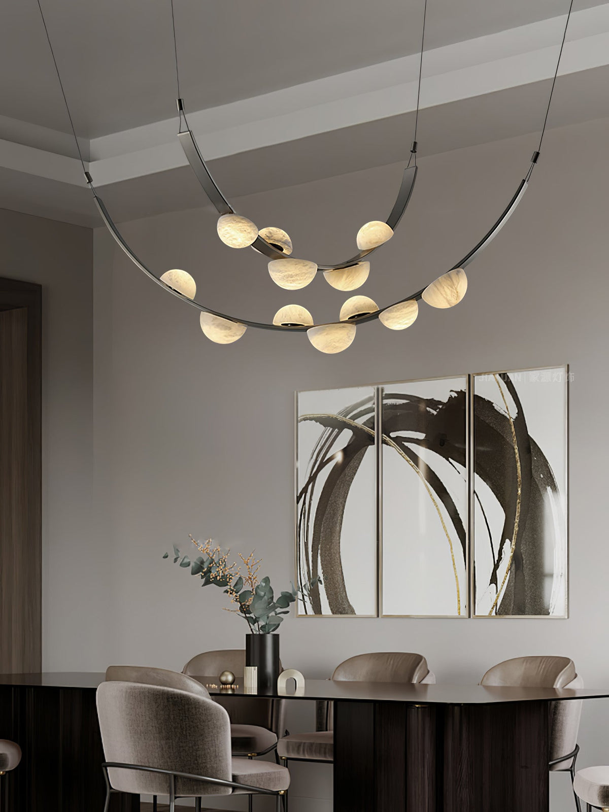Dew Drops Alabaster Curated Alabaster Chandelier – illuminated warm ambiance setting