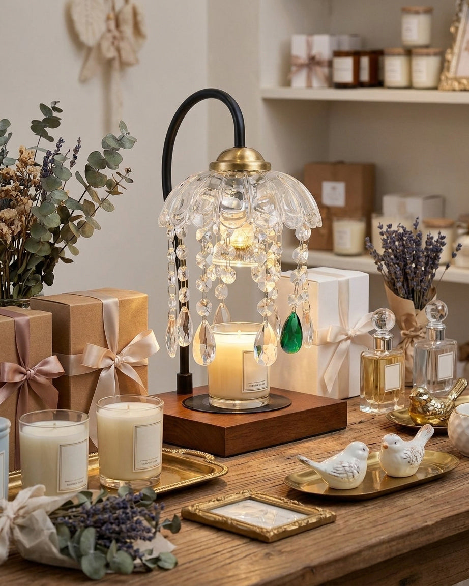 Dewlora Candle Warmer Curated Mouth-Blown Froste – illuminated warm ambiance setting