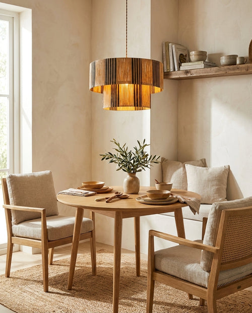 Aurevia Curated Solid Hardwood Pendant Light installed in residential dining space