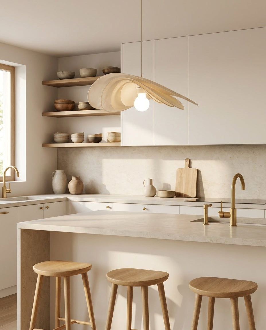 Caelith Curated Iron & Glass Pendant Light installed in residential dining space
