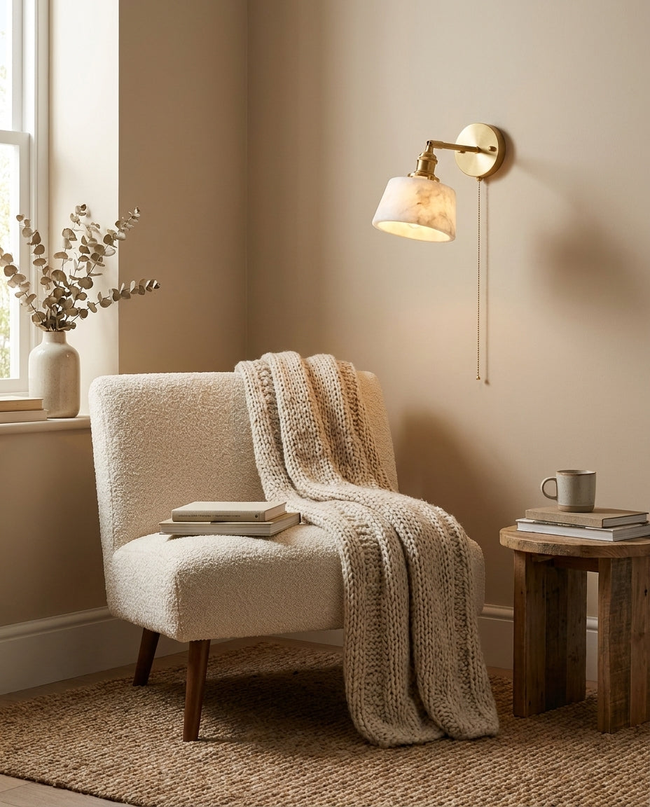 Cavella Alabaster Curated Alabaster Wall Sconce – illuminated warm ambiance setting