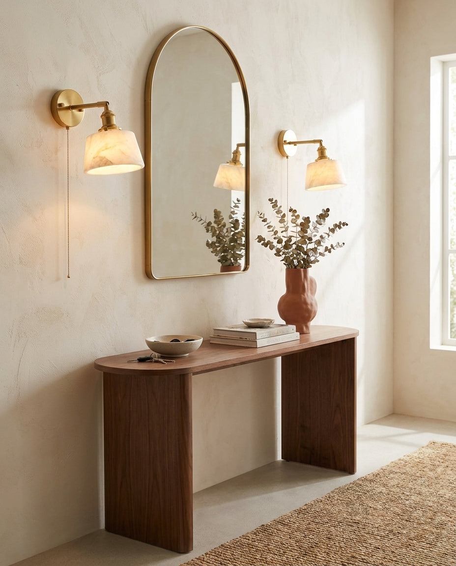 Cavella Alabaster Curated Alabaster Wall Sconce warm illuminated room view