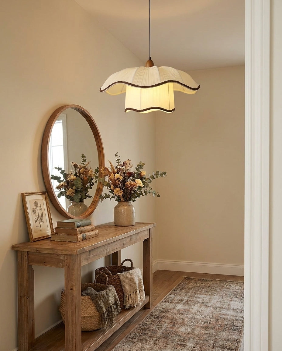 Celavine Curated Solid Hardwood Pendant Light – illuminated warm ambiance setting
