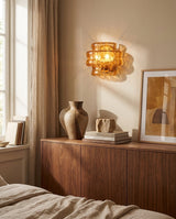 Cendrel Curated Amber Art Glass Wall Sconce – spatial dining room perspective