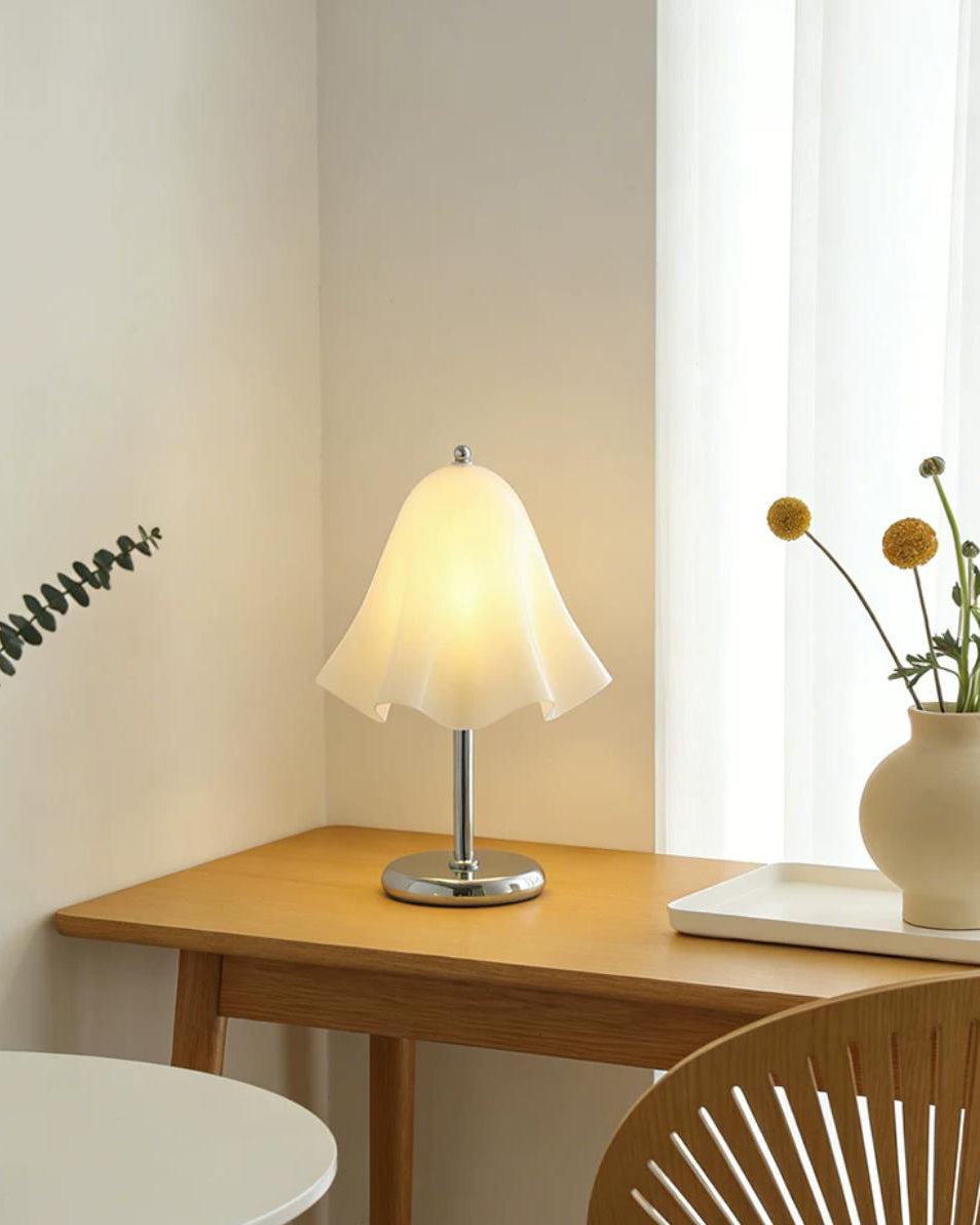 Cloquelle Curated Mouth-Blown Frosted Glass Tabl warm illuminated room view