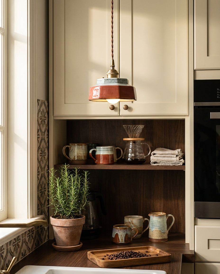 Cottara Curated Solid Brass Pendant Light warm illuminated room view