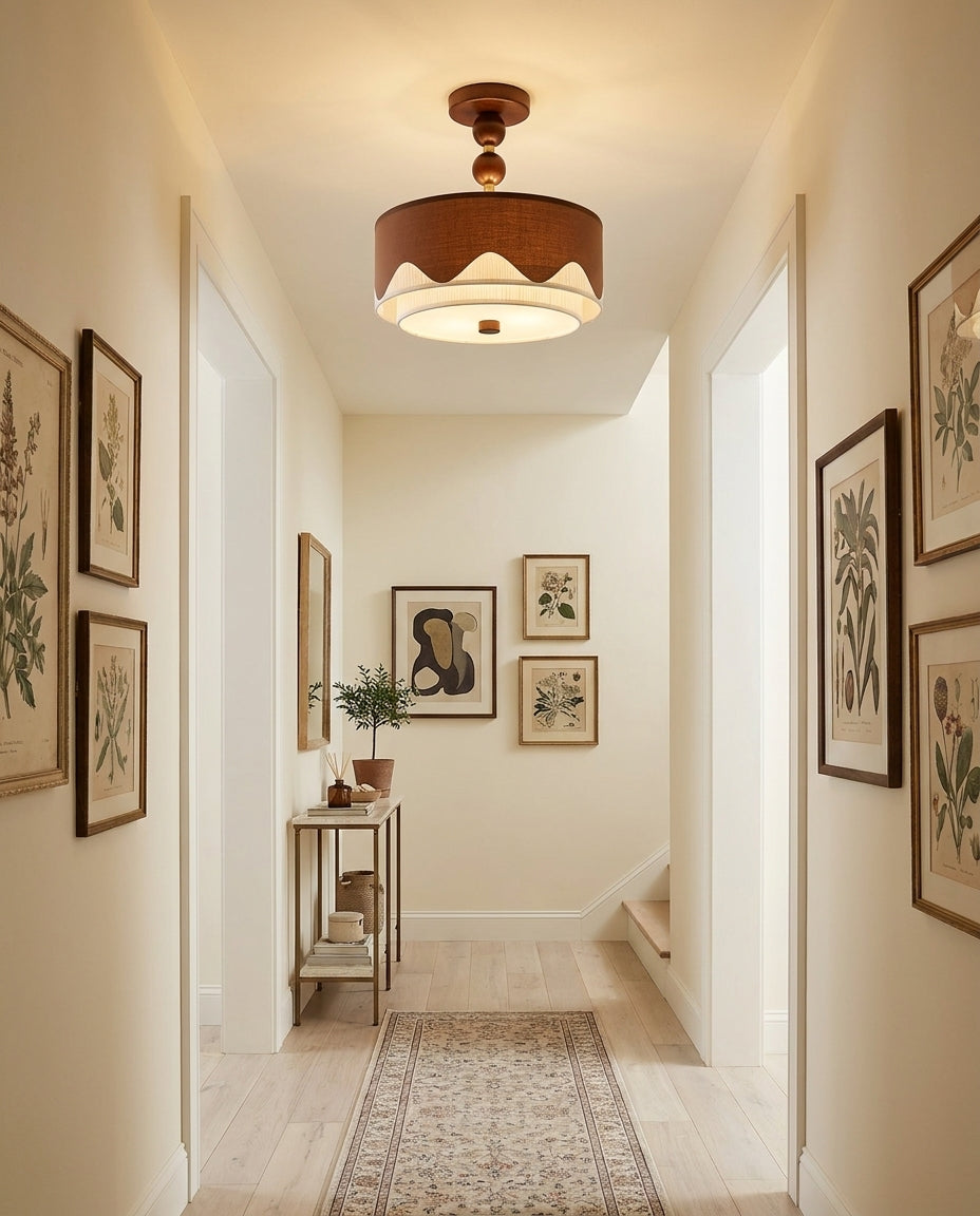 Crestwyn Curated Iron & Glass Flush Mount Ceilin – illuminated warm ambiance setting