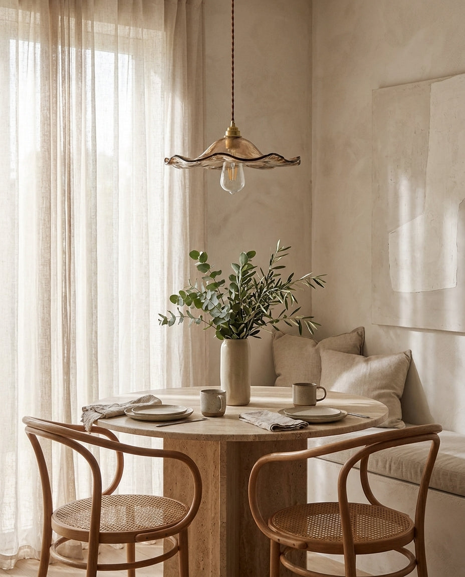 Cymara Curated Amber Art Glass Pendant Light – illuminated warm ambiance setting